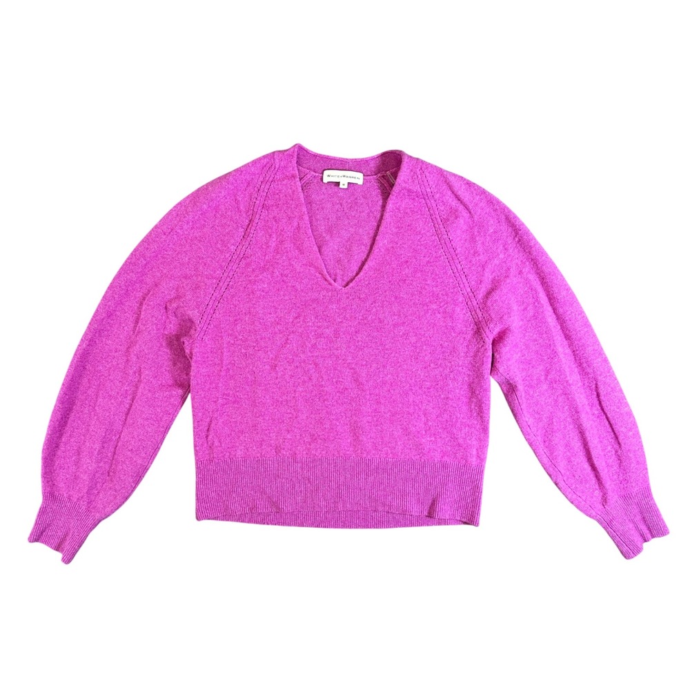 White + Warren Magenta Pink 100% Cashmere V-Neck Pointelle Raglan Sweater M